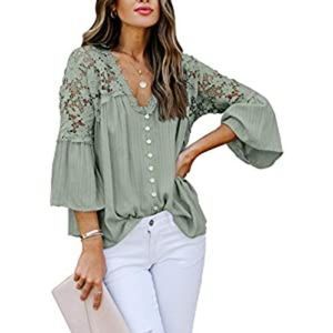 Women's Lace Crochet V Neck Button Down Shirts
